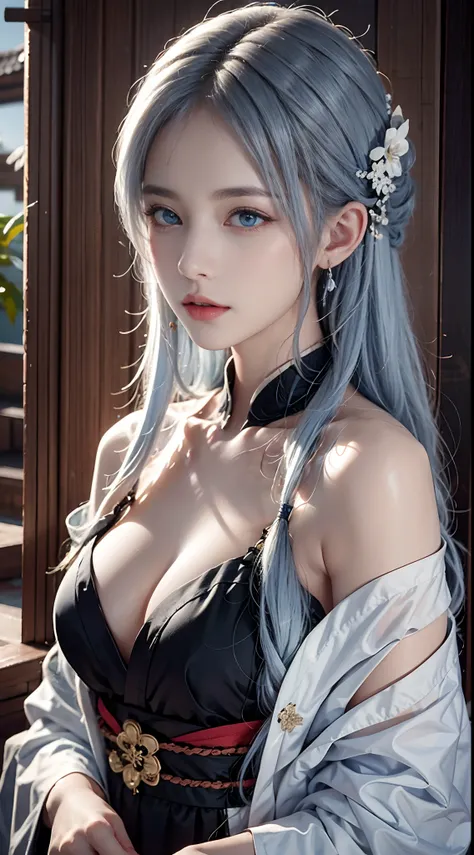 photorealistic, masterpiece, photorealistic, high resolution, soft light, waist up, blue eyes, white hair, long hair, sexy body, kimono