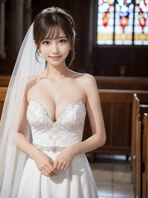 (masutepiece,  Best Quality:1.2) hight resolution,  8K Photorealistic,  1人の女性,　Sexy adult woman full of sex appeal small face,  Clear and clear photos,  Super beauty, Beautiful luxury wedding dress with pure white veil on head,  Glamorous body (large breas...