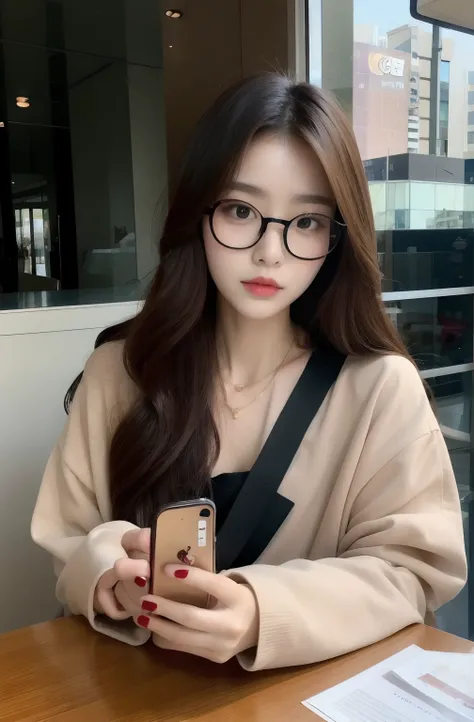 a close up of a woman sitting at a table with a cell phone, korean girl, beautiful south korean woman, gorgeous young korean woman, sakimichan, beautiful young korean woman, korean woman, ulzzang, attractive girl, korean womens fashion model,  (glasses) , ...