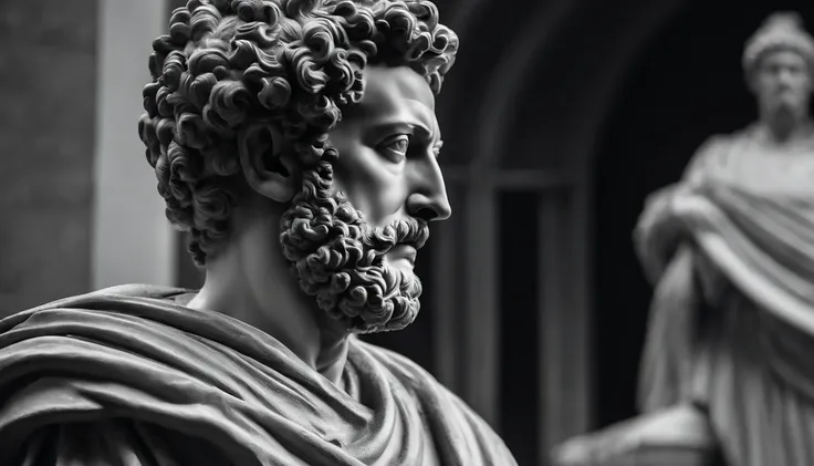 a portrait statue of the stoic Marcus Aurelius in black and white 4K,Face de lado, papel de parede super realista