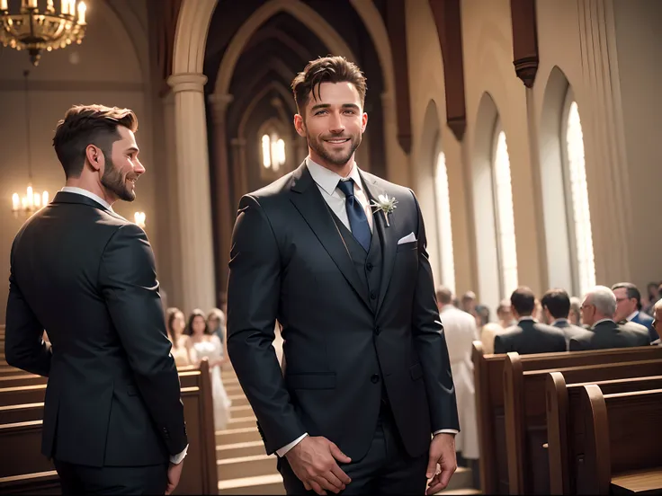 realistic 8k image of a handsome man, 38 years old, dressed in a suit, smiling, standing at the altar of an evangelical church, dressed up for a wedding, night scene