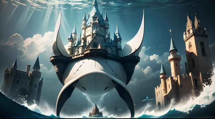 (Masterpiece, dynamique, Creative) A manta ray with a castle on its back under water. Hdr, Ultra realistic photo, A LOT OF DETAILS.