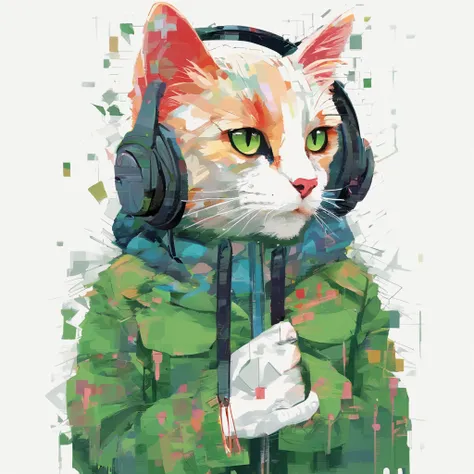 Perfect centering, Cute cat, Wearing a jacket，American Shortcat，in green，Rose flower, Wearing headphones, cheerfulness, Standing position, Abstract beauty, Centered, Looking at the camera, Facing the camera, Approaching perfection, Dynamic, Highly detailed...