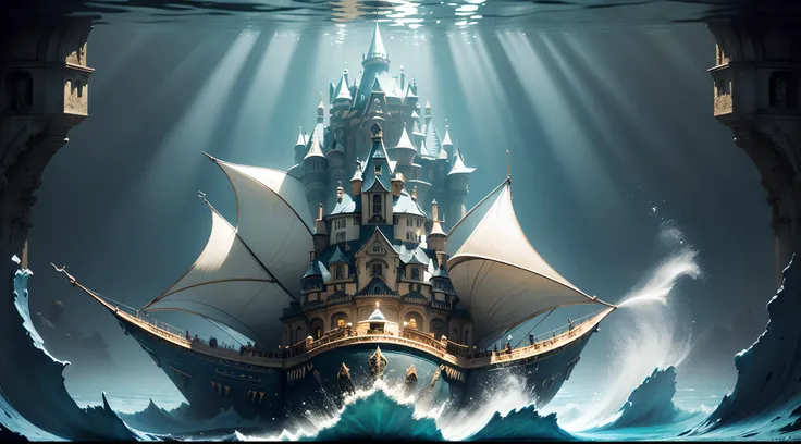 (Masterpiece, dynamique, Creative) A manta ray with a castle on its back under water. Hdr, Ultra realistic photo, A LOT OF DETAILS.