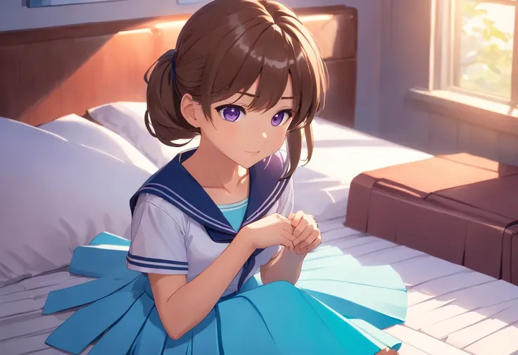 Beautiful illustration、top-quality、5 year old girl with brown ponytail and medium hair tied with purple elastic. Her S is very small. Her eyes are dark blue、on the beds、(((light blue pleated skirt)))、(((a sailor suit)))、shortsleeves、Small