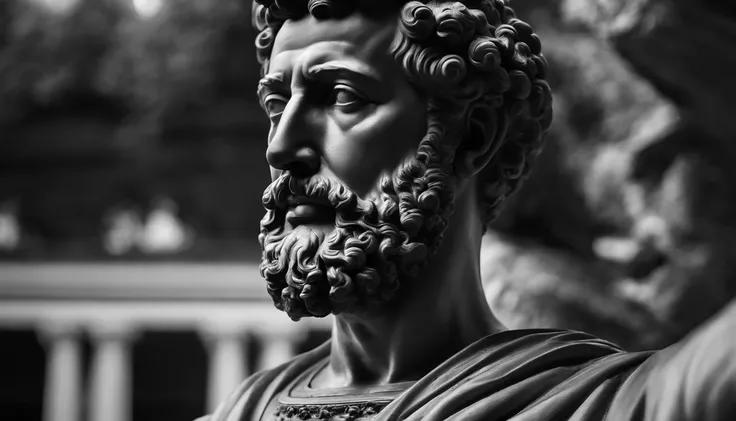 a portrait statue of the stoic Marcus Aurelius in black and white 4K,Face de lado, papel de parede super realista