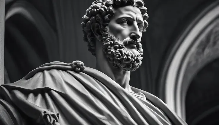 a portrait statue of the stoic Marcus Aurelius in black and white 4K,Face de lado, papel de parede super realista