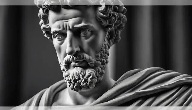 a portrait statue of the stoic Marcus Aurelius in black and white 4K,Face de lado, papel de parede super realista