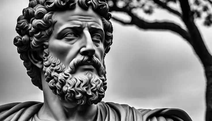 a portrait statue of the stoic Marcus Aurelius in black and white 4K,Face de lado, papel de parede super realista