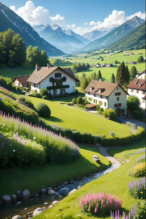 Peaceful and idyllic countryside, Rolling green hills dotted with grazing sheep, Charming villa，Set amidst vibrant flowers, Clear blue sky overhead, Evokes a sense of peace and simplicity, Valle encantador, switzerland, patches of green fields, lush countr...