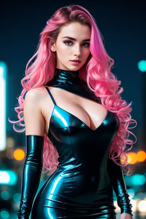 amoled ultra realistic photograph of a 25 years old european girl, RAW, beautiful woman, (extra long wavy black hair), ((portrait)), ((detailed face:1.2)), ((detailed facial features)), (finely detailed skin), pale skin, (high detailed deep cleavage cyberp...