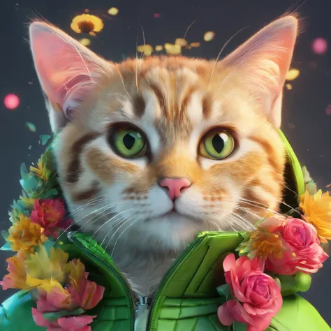 Perfect centering, Cute cat, Wearing a jacket，American Shortcat，in green，Rose flower, Wearing headphones, cheerfulness, Standing position, Abstract beauty, Centered, Looking at the camera, Facing the camera, Approaching perfection, Dynamic, Highly detailed...