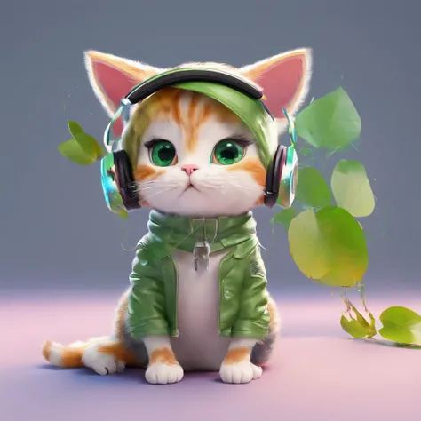 Perfect centering, Cute cat, Wearing a jacket，American Shortcat，in green，Rose flower, Wearing headphones, cheerfulness, Standing position, Abstract beauty, Centered, Looking at the camera, Facing the camera, Approaching perfection, Dynamic, Highly detailed...