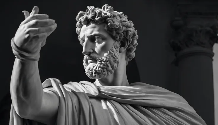 a portrait statue of the stoic Marcus Aurelius in black and white 4K,Face de lado, papel de parede super realista