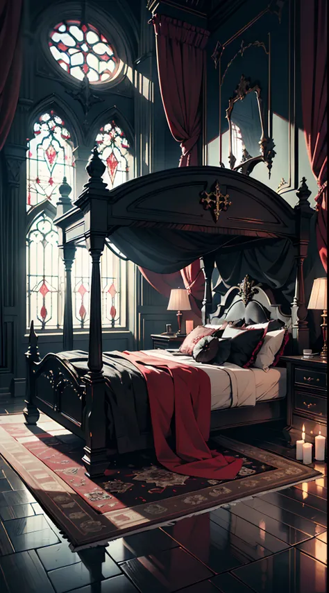 Photography, Gothic Bedroom, Gothic, Kings bed,Mirror,carpet,Dim light, Gargoyles, Dark curtains, waxy candles, Satan painting, decorations, wooden floor, dawn, dark night, red