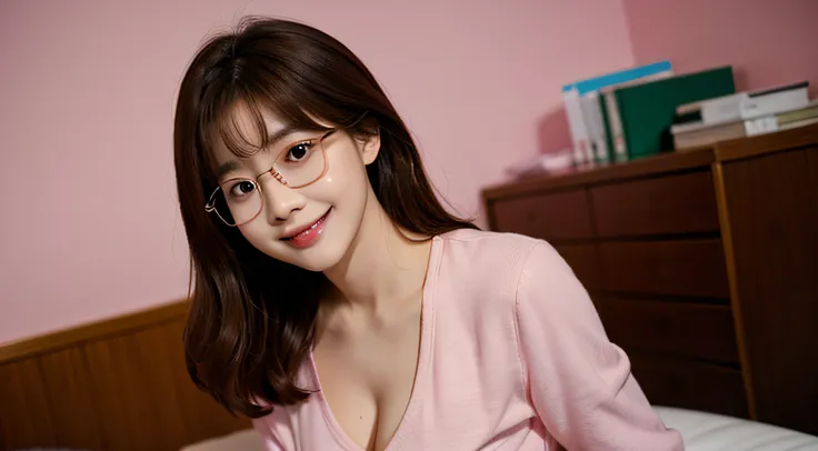 Seo Yeon Joo、Brown skin、pink long sleeve shirt、（Medium hair in pink color）、Young、Cute、a beautifulchi girl、Perfect style、larjeBoobs、sexy legs, smiling, Emphasizes cleavage、Realistic、８ｋ、Heavily detailed、Top image quality、high-resolution、A masterpice、only gir...