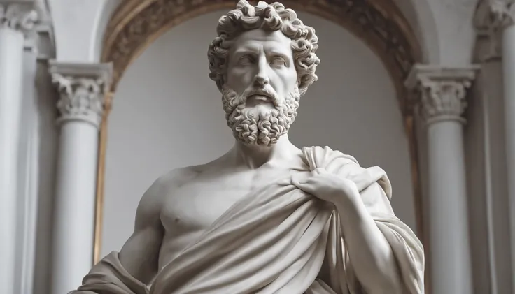 a statue of the Stoic Marcus Aurelius, sem camisa, com o corpo forte, pose estoica em preto e branco 4K, papel de parede super realista