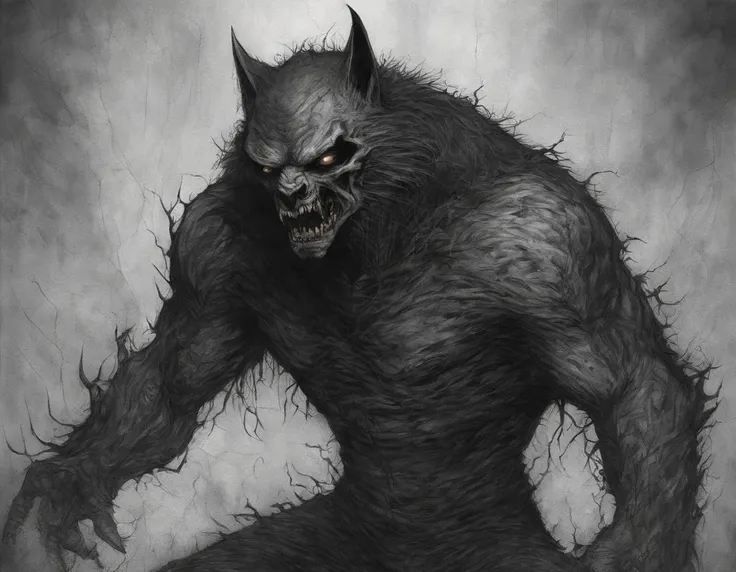 Realistic - Illustration - Pencil Art - Anime - Werewolf, em pose imponente, de frente, boca aberta, Claws on display, corpo inteiro, wears cloth pants, montruoso, musculoso.