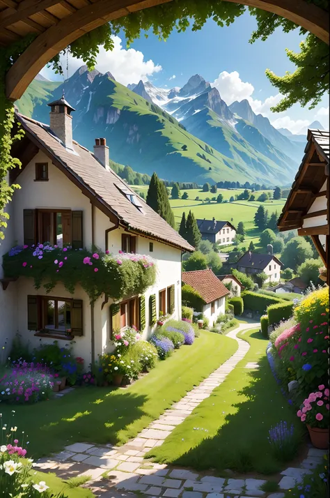 Peaceful and idyllic countryside, Rolling green hills dotted with grazing sheep, Charming villa，Set amidst vibrant flowers, Clear blue sky overhead, Evokes a sense of peace and simplicity, Valle encantador, switzerland, patches of green fields, lush countr...