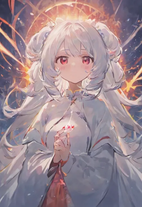 Anime girl staring at the camera，Long white hair and red eyes, White-haired god, she has a cute expressive face, white haired Cangcang, ( ( ( yoshinari yoh ) ) ), Todays featured anime stills, hajime yatate, White-haired, animated still, still from tv anim...