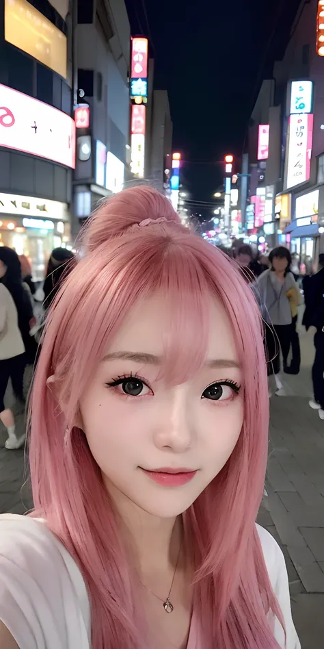 24-year-old woman、beautiful and flawless face。on tokyo street、natta、night cityscape、a closeup、A pink-haired、hair adornments、(Raw photography、top-quality、​masterpiece:1.2)、(realisitic、photoRealstic:1.37)、