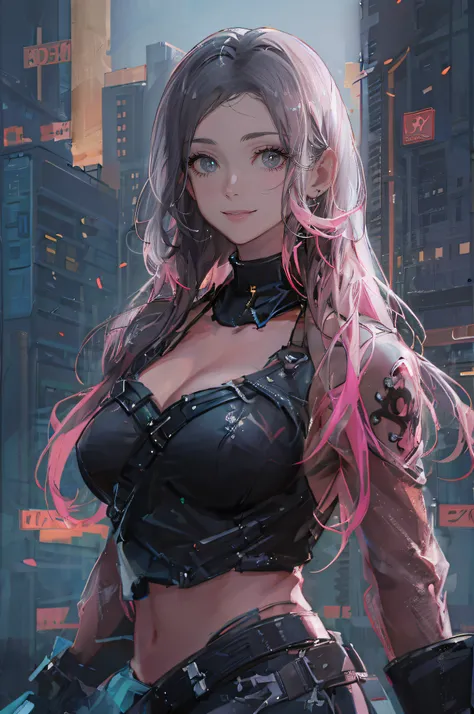 ((Sexy and beautiful female ninja)), ((22-year-old beauty)), ((beautiful and cool smile)), ((colorful long hair)), ((pink and black outfit) ), (( Rich bust)), ((gradient eyes)), ((background is a cyberpunk city)), fascinating makeup, single view, NFFSW, UH...