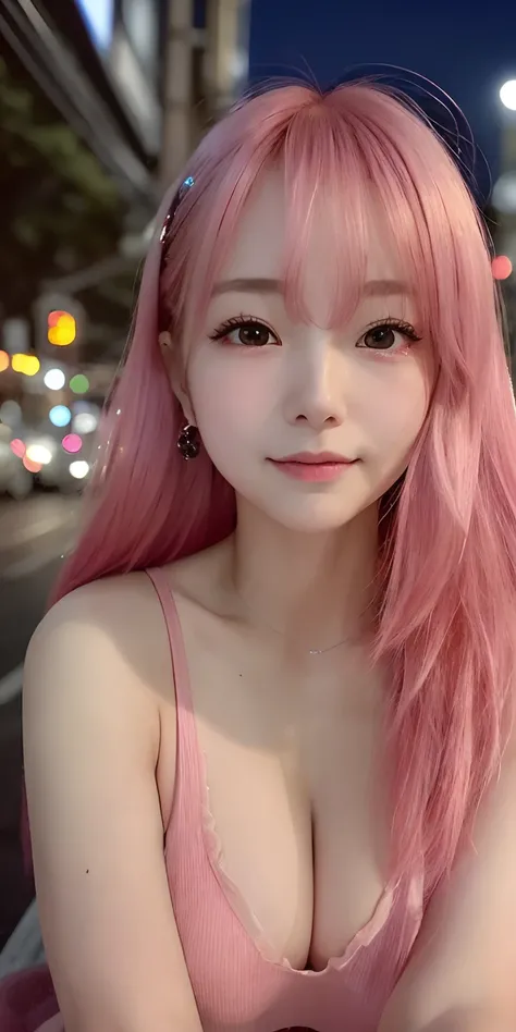 24-year-old woman、beautiful and flawless face。on tokyo street、natta、night cityscape、a closeup、A pink-haired、hair adornments、(Raw photography、top-quality、​masterpiece:1.2)、(realisitic、photoRealstic:1.37)、