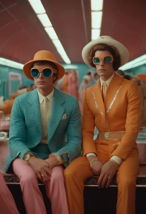 8k portrait of a 1960s sci-fi film by Wes Anderson, Vogue 1960s, pastel colors, people in extravagant retro fashion outfits wearing strange futuristic masks and the town has men and women in old decor with alien makeup and mechanical pets natural light, ps...