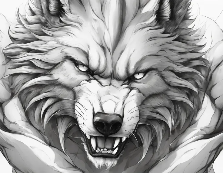 Realistic - Illustration - Pencil Art - Anime - Werewolf, em pose imponente, lado a lado, boca aberta, Claws on display, corpo inteiro, wears cloth pants, Montruoso, musculoso, wolf head, super peludo.