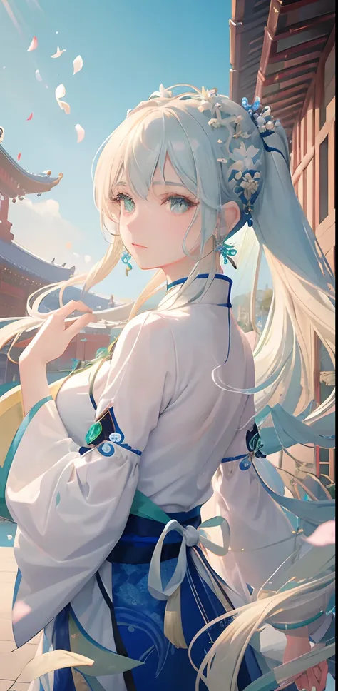 Mature girl, green pupils, blue-white hair color, flowing hair, delicate and flexible eyes, intricate damask Hanfu, gorgeous accessories, wearing pearl earrings, FOV, f/1.8, masterpiece, ancient Chinese style architecture, sky blue, flower petals flying, f...