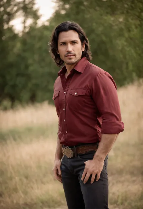 A 39 year old man with black wavy hair and deep brown eyes wearing a black and red cowboy shirt, black jeans and dark brown boots