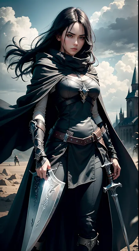 masterpiece, ultra realistic, big sword, black hair, black cloak, female, battlefield, dramatic