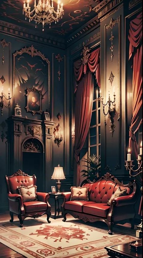 Photography, red sofa, tea table, (living room, Gothic), Dim light, Gargoyles, Dark wallpaper,curtains, waxy candles, Satan painting, decorations, wooden floor, dark night