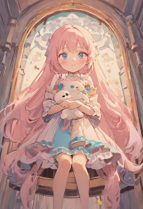 Cute little girl s　Light pink long hair　Big blue eyes　Cute Kindergartener　Infant body type　Soft and cute dress　Light blue dress　Cute little girl smiling happily　Sitting with a black cat in her arms　sitting pose