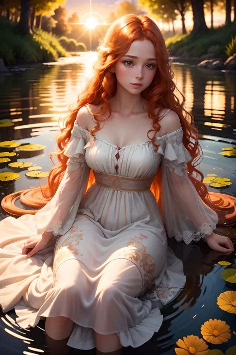 ultra detailed illustration of a beautiful woman wearing a flowy dress in a pond, looking down, beautiful wavy ginger hair illuminated by backlights, sunbeams, whimsical, backlit, sunset, colorful, tetradic colors, mystic, ultra sharp focus, by Mschiffer, ...