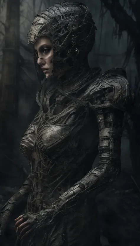 Beautiful cyborg warrior woman in rusty magic style, Ascenso cyberpunk, Cyber Software, ciborg, fibras de carbono, cromar, Implantes, Calavera de metal, Cybernetic plate armor, (atmosfera oscura:1.2), (niebla & Humo ondulando), (Es noche oscura:1.3), Las c...