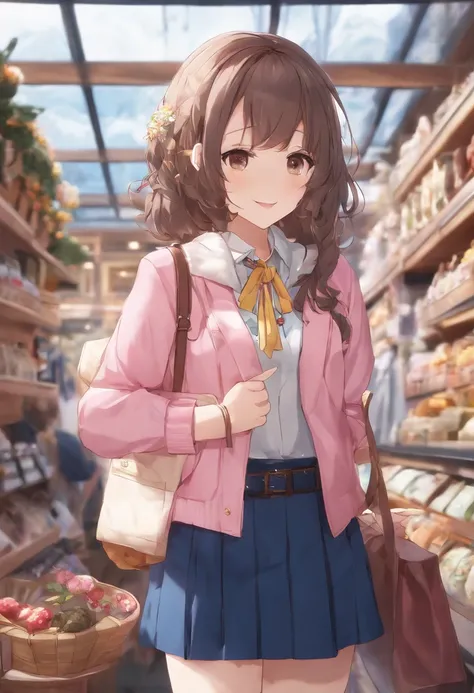 Special_week_(umamusume), Fugu wood, hair pin, blue jacket, Open jacket, Printed dress, Pink dress, Window shopping, Small breasts, A high resolution, Upper body, Smile, White backpack, Solo, Beast quality，torogao