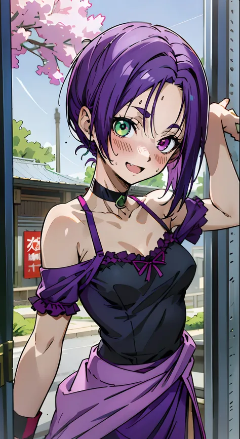 masutepiece, Best Quality, Ultra-detailed, Off-the-shoulder clothing, Colorful,Up-close, Hyper-detailing, red blush, 1girl in, Solo, Heterochromia, Green eyes, Purple eyes, Bare neck, Happy face, Smile Face, Opened mouth