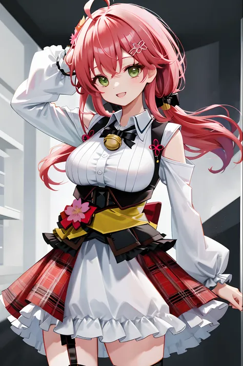 masutepiece, Best Quality, hight resolution, miko2,Ponytail, 1girl in, Green eyes, Ahoge, black headwear, Hair Ornament, White shirt, black thighhighs, Pink hair, Red skirt, plaid skirts, garter strap, Collared shirt, hair clips, frilld, Bangs, hair betwee...