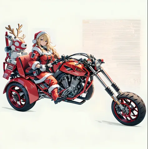 （Woman in Santa costume）、Santas Boots、a blond、（（riding on motorcycle））、The ultra -The high-definition、Pants Style、（（slim figure））、（（cyberpunked））、（（Mecha reindeer））、（（1 persons））