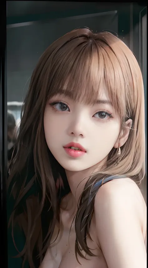 ((Lisa from Blackpink)), nude, close-up face, very light skin, very long hair, wavy hair, cinema entrance, photorealistic, indirect lighting, volumetric light, ray tracing, hyperdetailed, best quality, high resolution, HDR , 8k