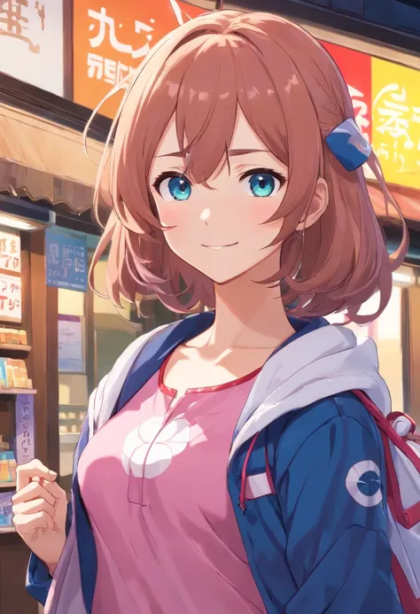 Special_week_(umamusume), Puffer fishwood, hair pin, blue jacket, Open jacket, Printed dress, Pink dress, Window shopping, Small breasts, A high resolution, Upper body, Smile, White backpack, Solo, Beast quality，torogao