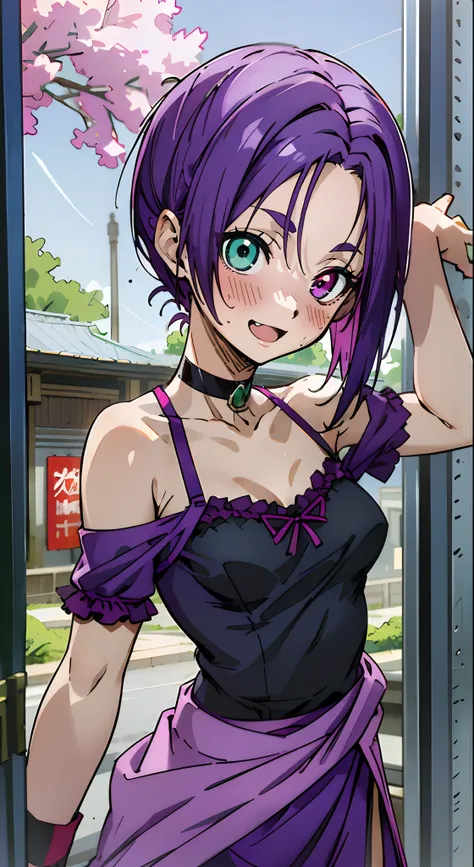 masutepiece, Best Quality, Ultra-detailed, Off-the-shoulder clothing, Colorful,Up-close, Hyper-detailing, red blush, 1girl in, Solo, Heterochromia, Teal Green eyes, Purple eyes, Bare neck, Happy face, Smile Face, Opened mouth