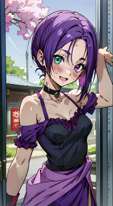 masutepiece, Best Quality, Ultra-detailed, Off-the-shoulder clothing, Colorful,Up-close, Hyper-detailing, red blush, 1girl in, Solo, Heterochromia, Teal Green eyes, Purple eyes, Bare neck, Happy face, Smile Face, Opened mouth