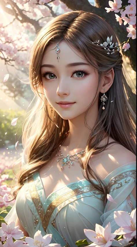 (Best quality,4K,A high resolution,Ultra-detailed,Realistic:1.37),Vivid colors,Sunlight,llight rays,bergamot,white blossoms,Beautiful girl,Exquisite features,Flowing hair,Serene expression,Garden setting,Elaborate dress,Soft sunlight,Gentle breeze,Cheerful...