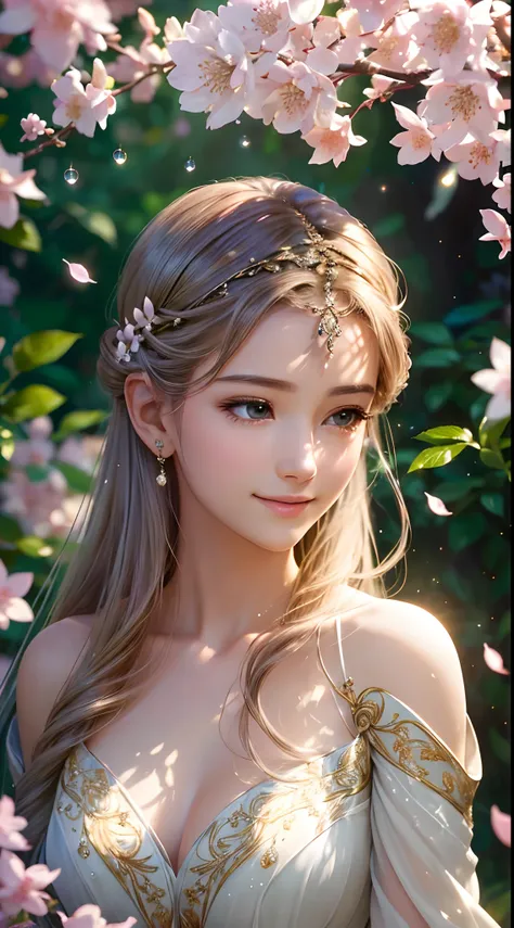 (Best quality,4K,A high resolution,Ultra-detailed,Realistic:1.37),Vivid colors,Sunlight,llight rays,bergamot,white blossoms,Beautiful girl,Exquisite features,Flowing hair,Serene expression,Garden setting,Elaborate dress,Soft sunlight,Gentle breeze,Cheerful...