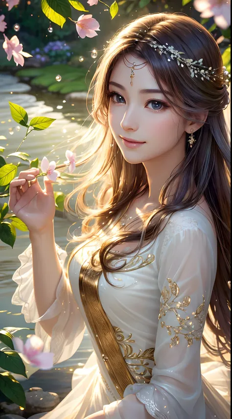 (Best quality,4K,A high resolution,Ultra-detailed,Realistic:1.37),Vivid colors,Sunlight,llight rays,bergamot,white blossoms,Beautiful girl,Exquisite features,Flowing hair,Serene expression,Garden setting,Elaborate dress,Soft sunlight,Gentle breeze,Cheerful...