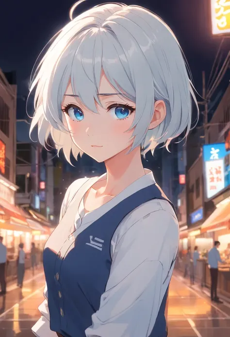 White background, short detailed hair，[Simple background],Masterpiece, A girl,frontage, Composite cloth, arms at sides, [Upright], Virtual YouTuber, [[Blush]], concept-art, Solo, 1girll, Cowboy shot, full bodyesbian, view the viewer,  ,[[Barista]]、,Y-shirt...