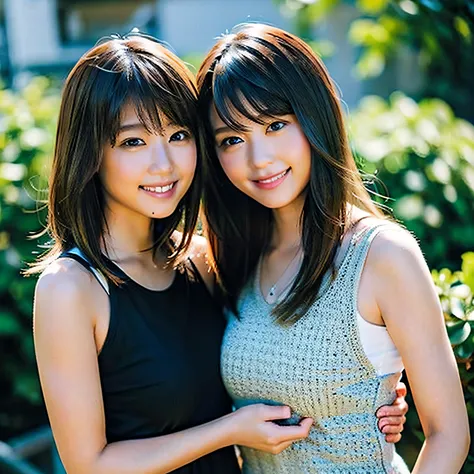 (8K、Raw photography、top-quality、​masterpiece:1.2)、(realisitic、Photorealsitic:1.37)、ultra-detailliert、超A high resolution、Identical twin sisters hugging each other、see the beholder、beautifull detailed face、A smile、Constriction、(Slim waist) :1.3)、Tank Tops、Be...