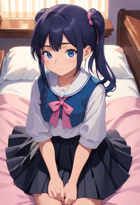 Beautiful illustration、top-quality、10 year old baby girl with dark blue ponytail and medium hair tied with pink elastic. Her S is very small. Her eyes are black、on the beds、(((black pleated skirt)))、(((a school uniform)))、longsleeves、Small